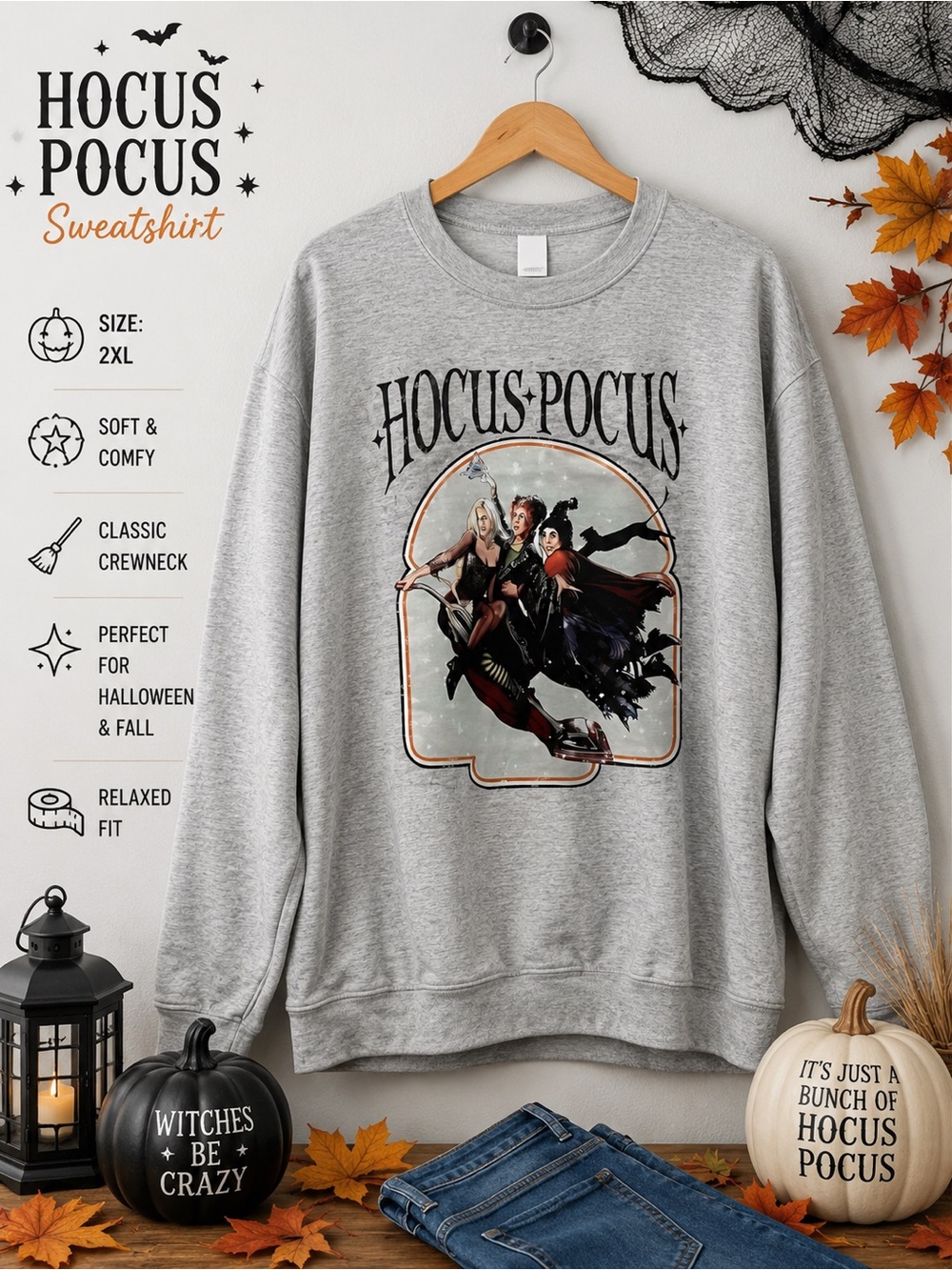 Hocus Pocus Graphic Crewneck Sweatshirt - Light Gray
